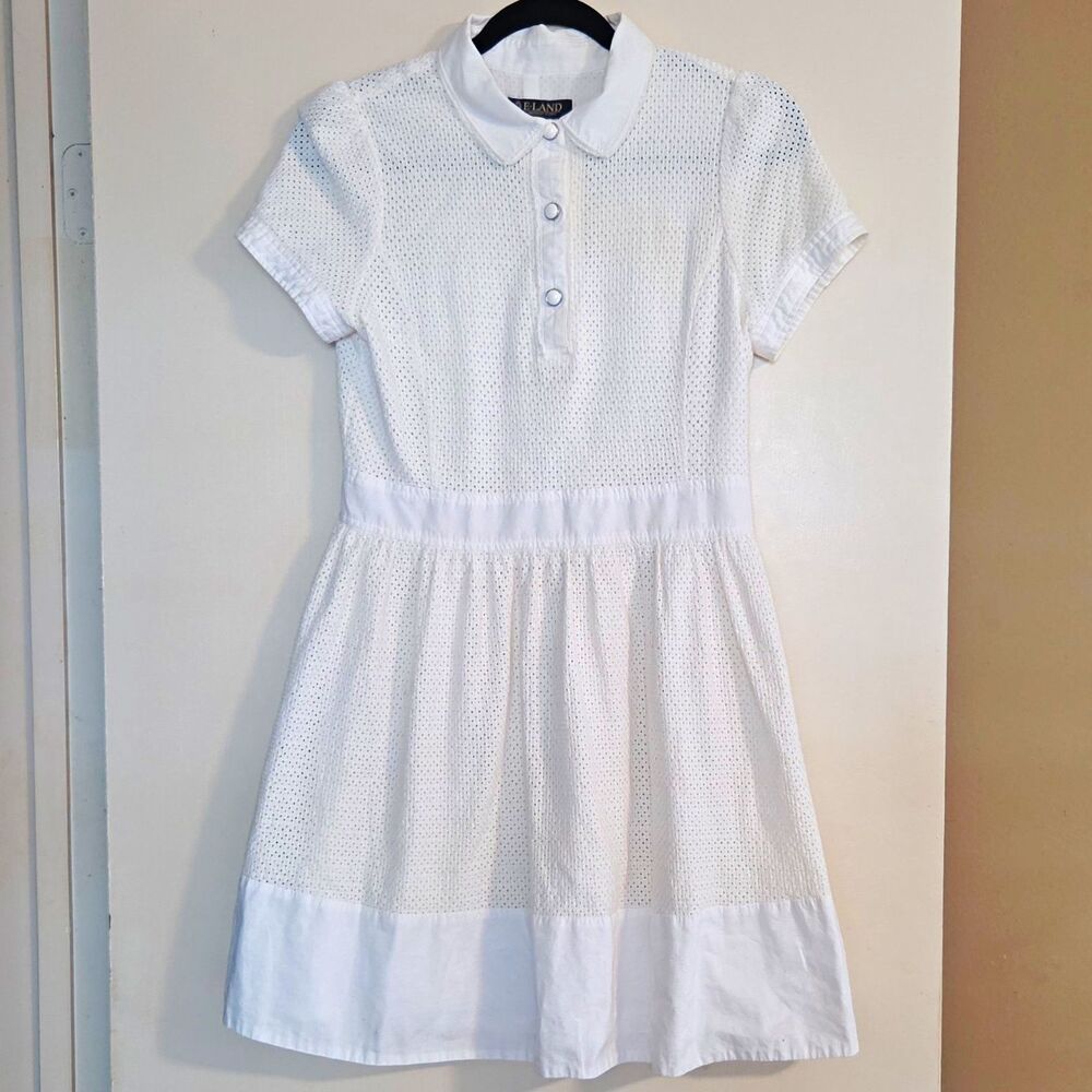 Eland Women's White Eyelet A-Line Knee-Length Collared Button Dress 170/92A